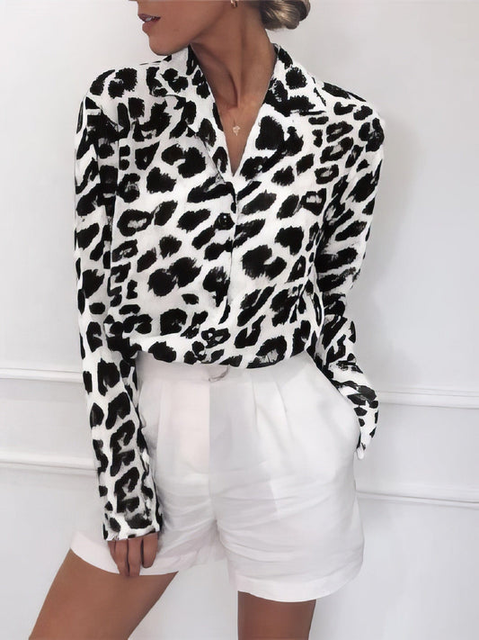 Leopard Print Lapel Button Long Sleeve Blouse BLO2112061465WHIS White / 2 (S)