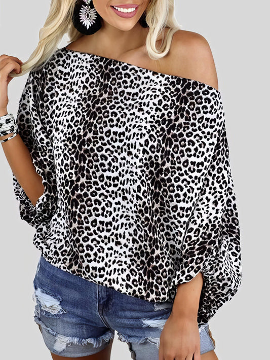 Leopard Print Oblique Collar Off Shoulder Long Sleeve Casual T-Shirt TSH2106180407LEOS SaddleBrown / 2 (S)