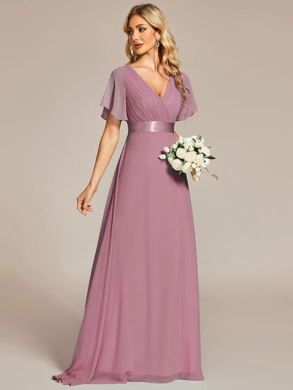Long Empire Waist Bridesmaid Dress with Short Flutter Sleeves DRE230977901POH4 RosyBrown / 4