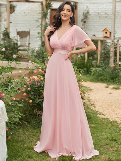 Long Empire Waist Bridesmaid Dress with Short Flutter Sleeves DRE230977925PNK4 Pink / 4