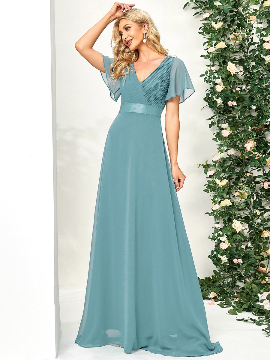 Long Empire Waist Bridesmaid Dress with Short Flutter Sleeves DRE230977949DBU4 LightBlue / 4