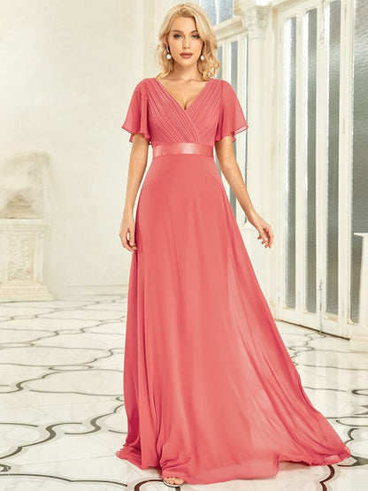 Long Empire Waist Bridesmaid Dress with Short Flutter Sleeves DRE230977985CRC4 OrangeRed / 4