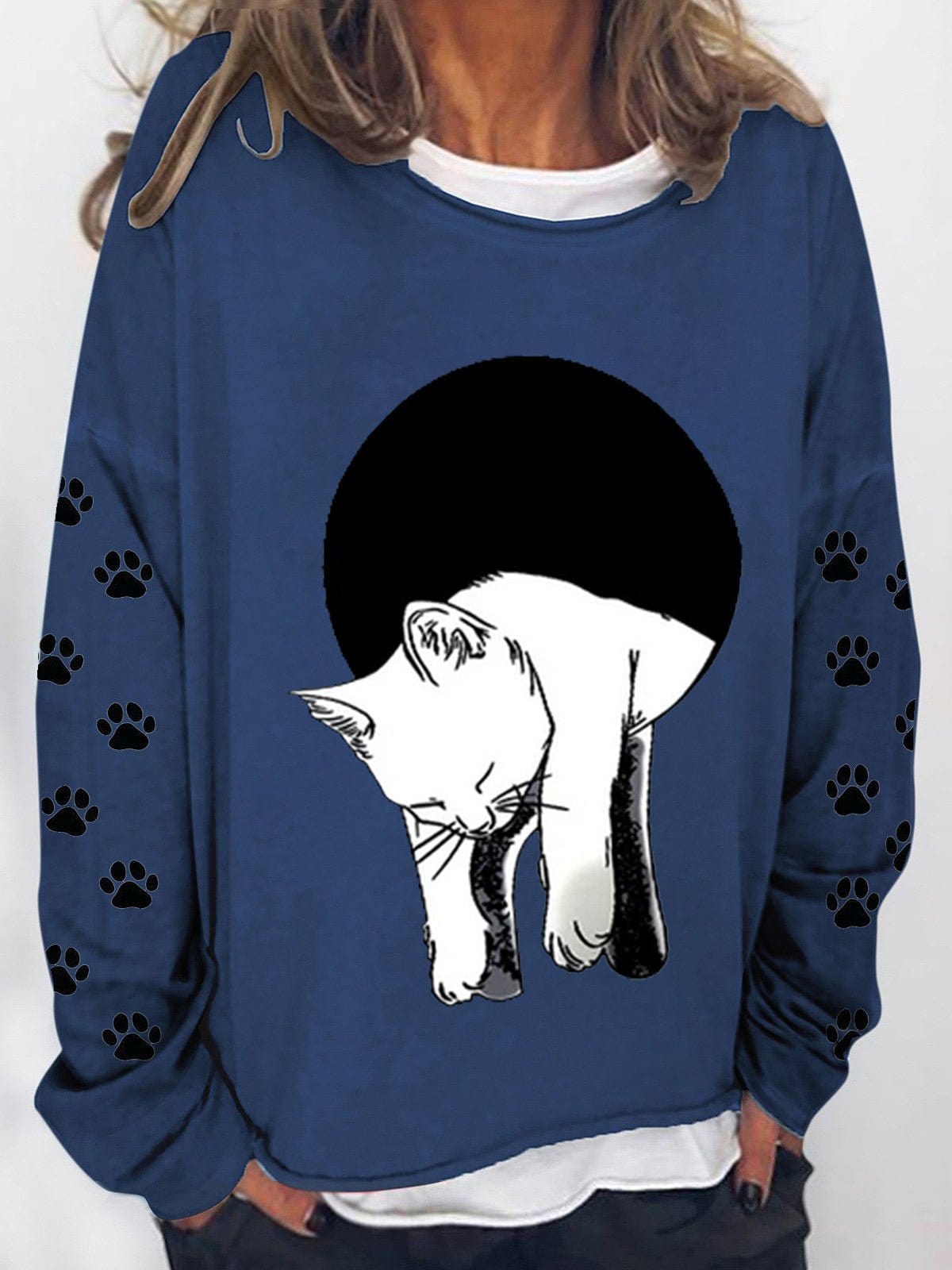 Long Sleeve Cat Printed Sweatshirt HOO221230002NBLUS Navy / 2 (S)