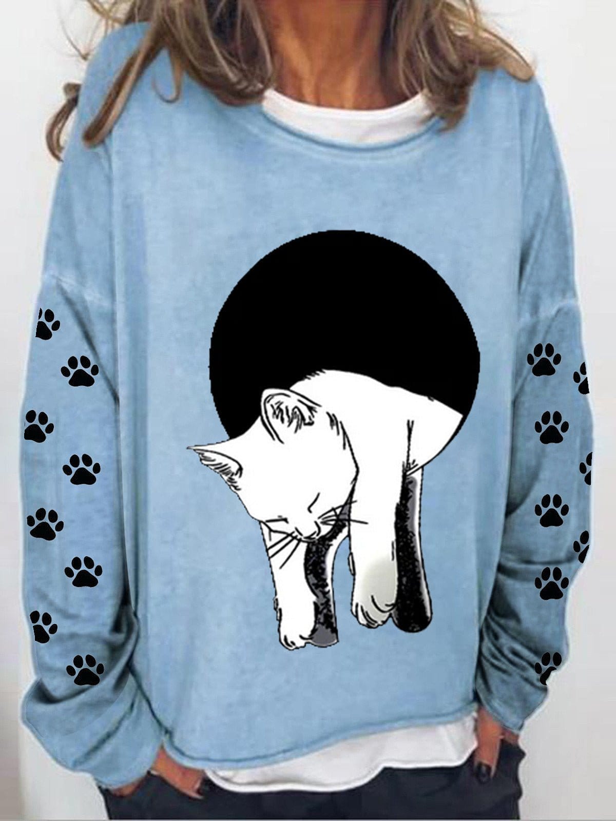 Long Sleeve Cat Printed Sweatshirt HOO221230002LBLUS LightBlue / 2 (S)