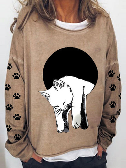 Long Sleeve Cat Printed Sweatshirt HOO221230002KHAS Khaki / 2 (S)
