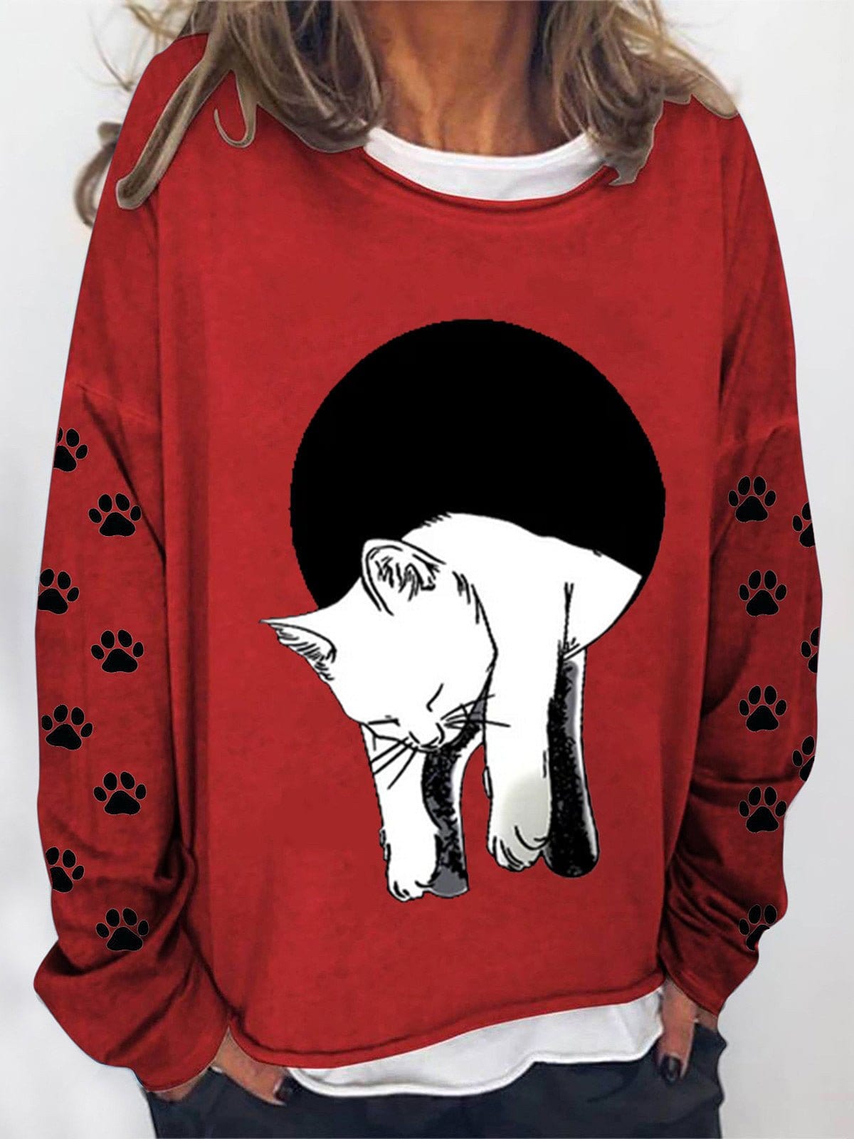 Long Sleeve Cat Printed Sweatshirt HOO221230002REDS Red / 2 (S)
