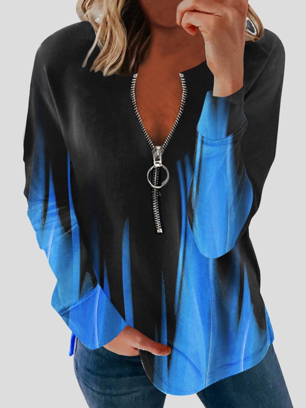 Long Sleeve Printed Zipper Casual Blouses BLO2107201228BLUS Blue / 2 (S)