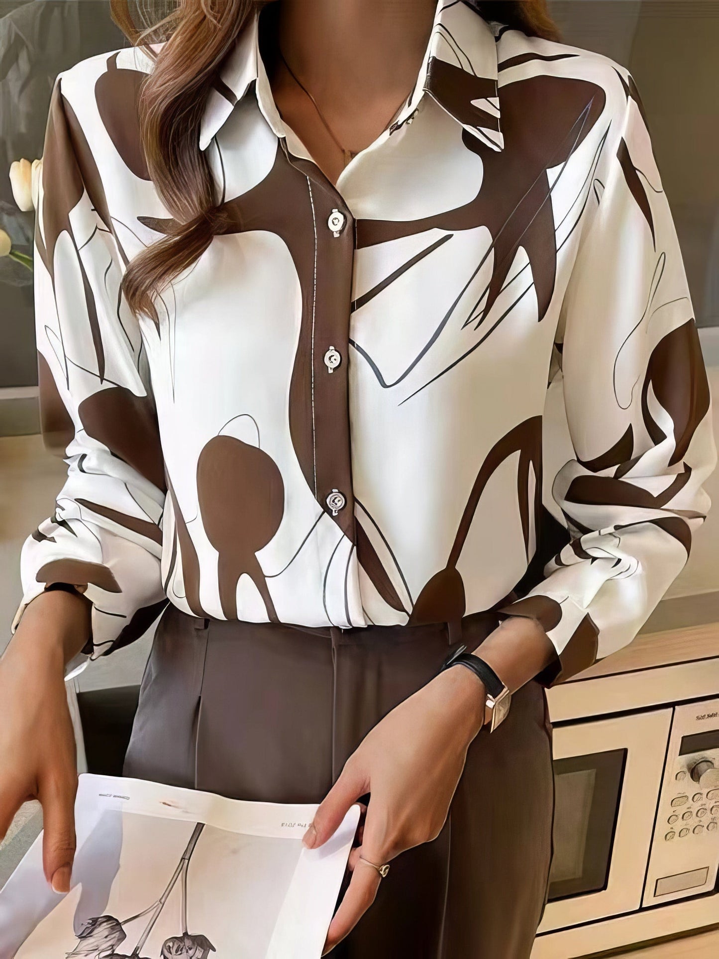 Long Sleeve Stand Collar Button Printed Blouse BLO2210201900BROS Brown / 2 (S)