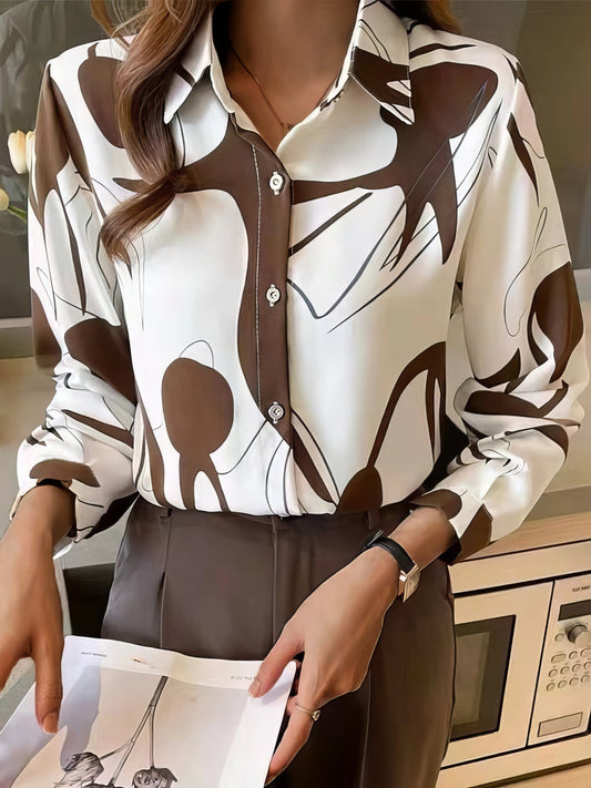 Long Sleeve Stand Collar Button Printed Blouse BLO2210201900BROS Brown / 2 (S)