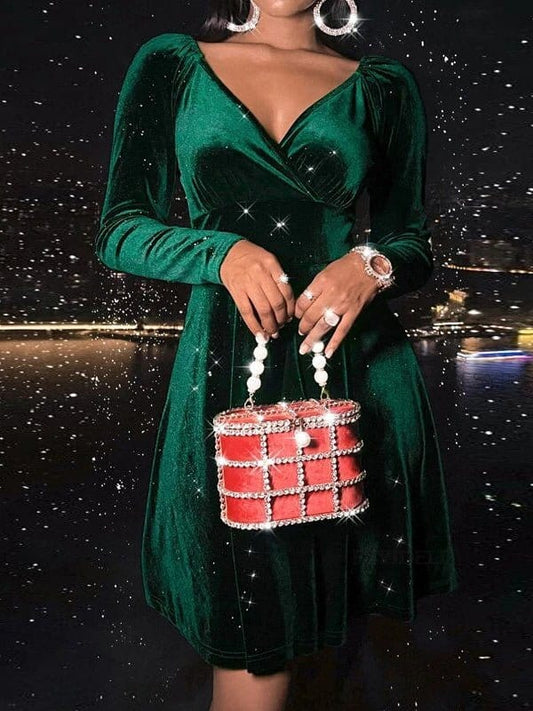 Long Sleeve V-Neck Fashionable Christmas Mini Dress DRE2212165662GRES Green / 2 (S)