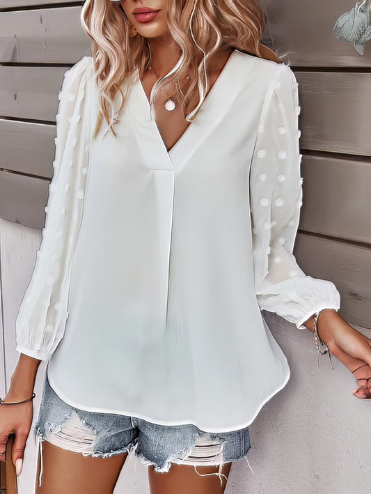 Long-sleeved Casual V Neck Solid Blouse BLO2107211241WHIS White / 2 (S)