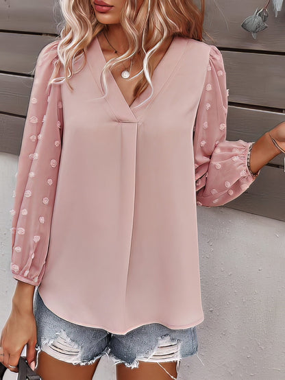 Long-sleeved Casual V Neck Solid Blouse BLO2107211241PINS Pink / 2 (S)