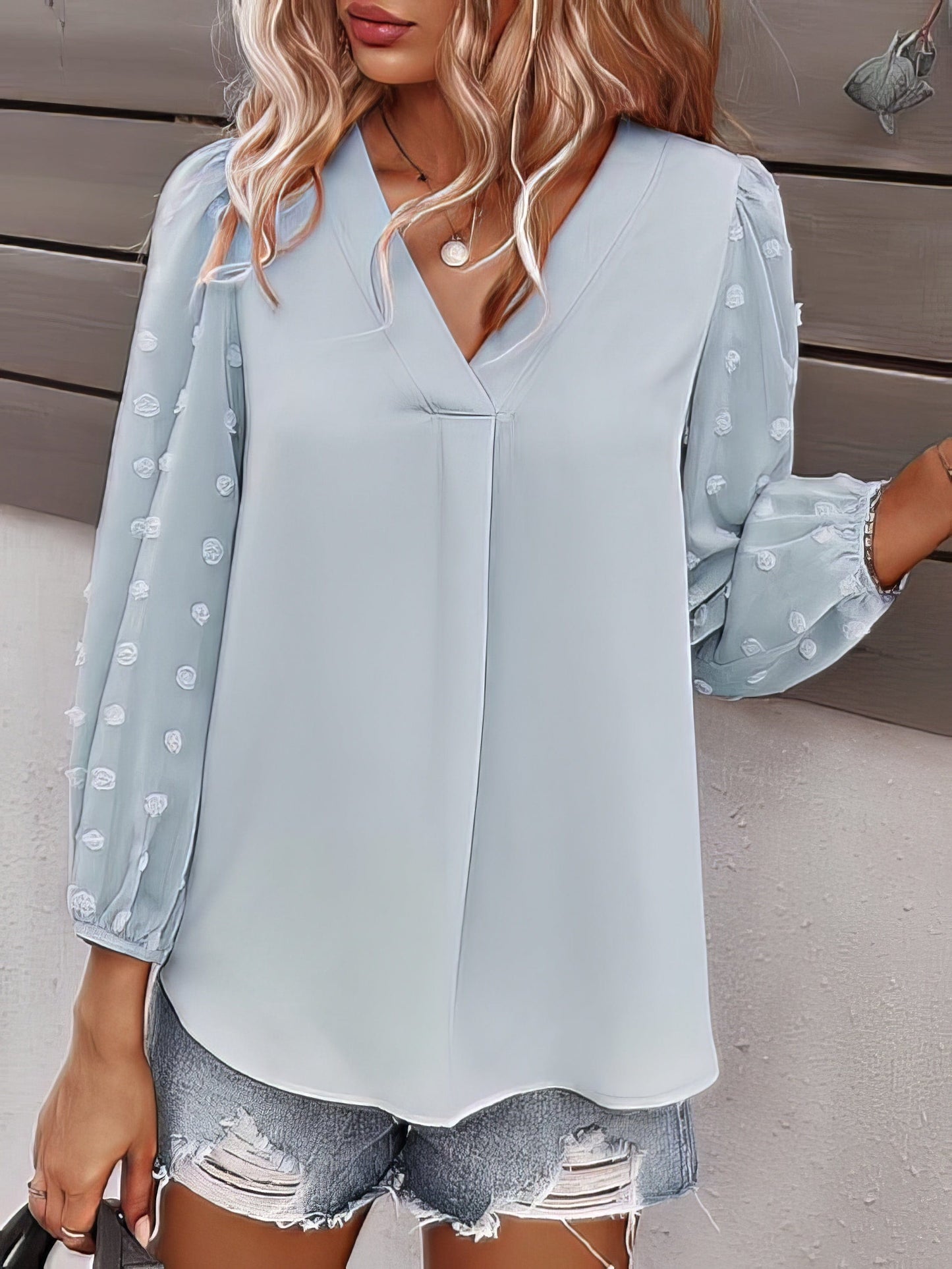 Long-sleeved Casual V Neck Solid Blouse BLO2107211241BLUS Blue / 2 (S)