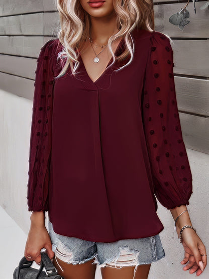 Long-sleeved Casual V Neck Solid Blouse BLO2107211241WREDS DarkRed / 2 (S)