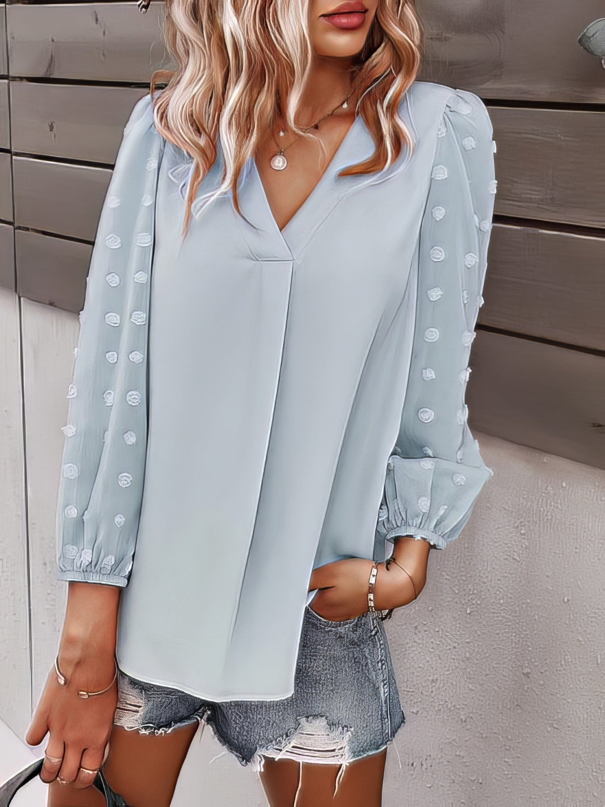 Long-sleeved Casual V Neck Solid Blouse