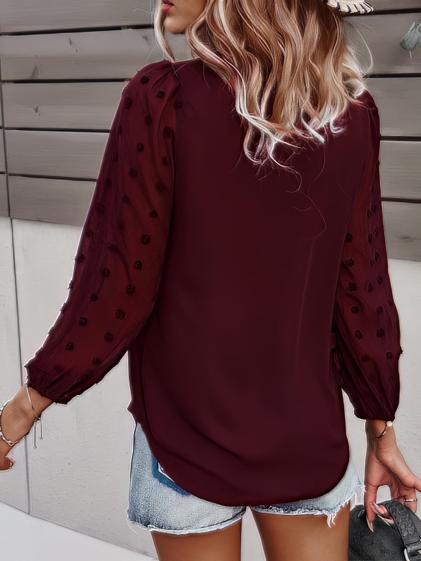 Long-sleeved Casual V Neck Solid Blouse