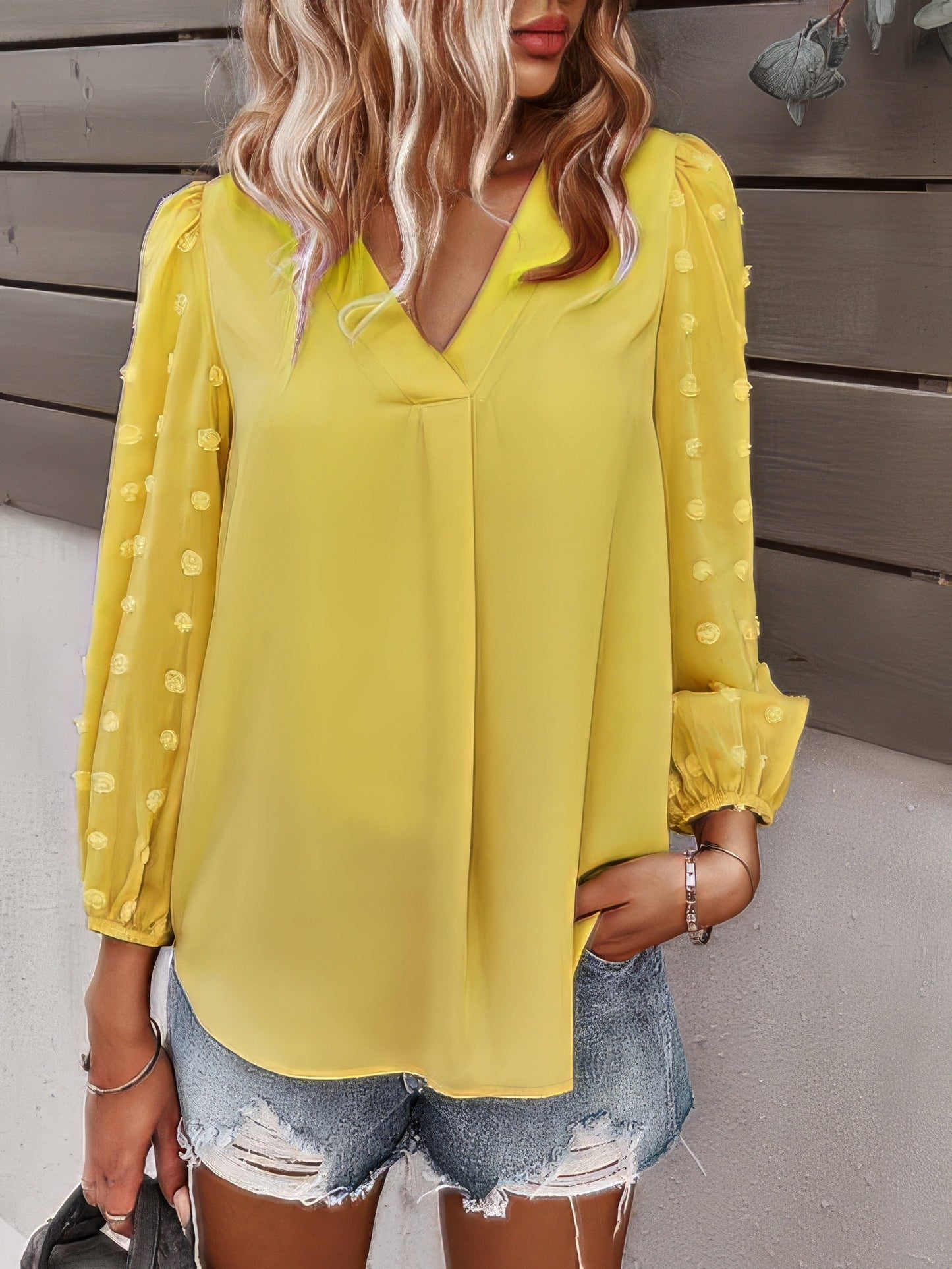 Long-sleeved Casual V Neck Solid Blouse BLO2107211241YELS Yellow / 2 (S)