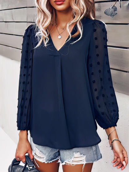 Long-sleeved Casual V Neck Solid Blouse BLO2107211241NBLUS Navy / 2 (S)
