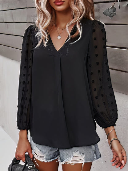 Long-sleeved Casual V Neck Solid Blouse BLO2107211241BLAS Black / 2 (S)