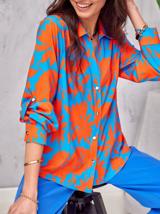 Loose And Elegant Printed Breasted Blouse BLO2303290054BLUS Blue / 2 (S)