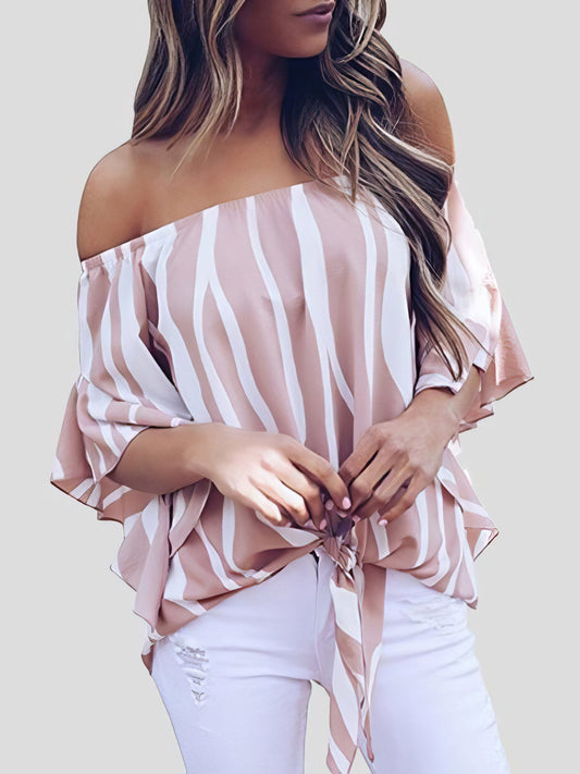 Loose Chiffon Off Shoulder Striped Front Tie 3/4 Sleeve Blouses BLO2107221250PINS Pink / 2 (S)