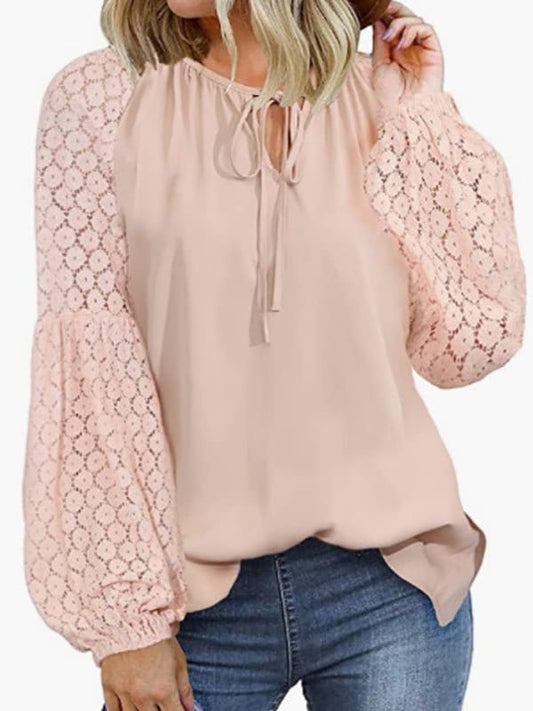 Loose Crew Neck Tie Lace Long Sleeve Blouse BLO2210271911PINS Pink / 2 (S)