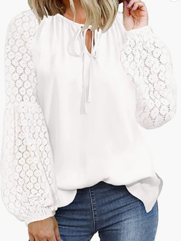 Loose Crew Neck Tie Lace Long Sleeve Blouse BLO2210271911WHIS White / 2 (S)