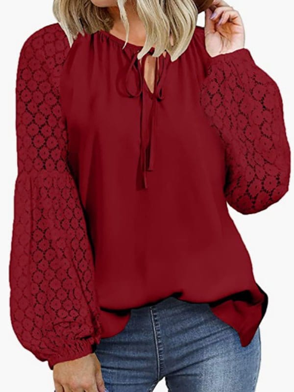 Loose Crew Neck Tie Lace Long Sleeve Blouse BLO2210271911WREDS DarkRed / 2 (S)