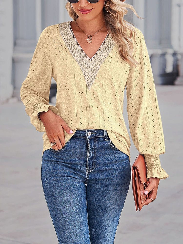 Loose Cut Out Lace Panel V-Neck Lace Blouse BLO2212271946YELS Yellow / 2 (S)