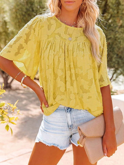 Loose Hollow Floral Short Sleeve Blouse BLO2201051526YELS Yellow / 2 (S)