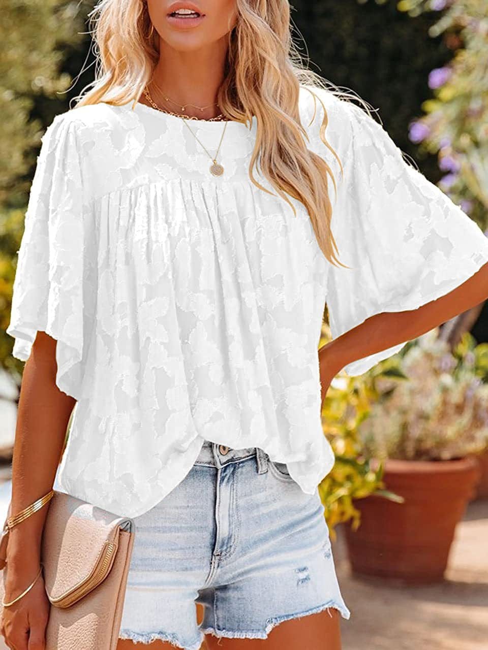 Loose Hollow Floral Short Sleeve Blouse BLO2201051526WHIS White / 2 (S)