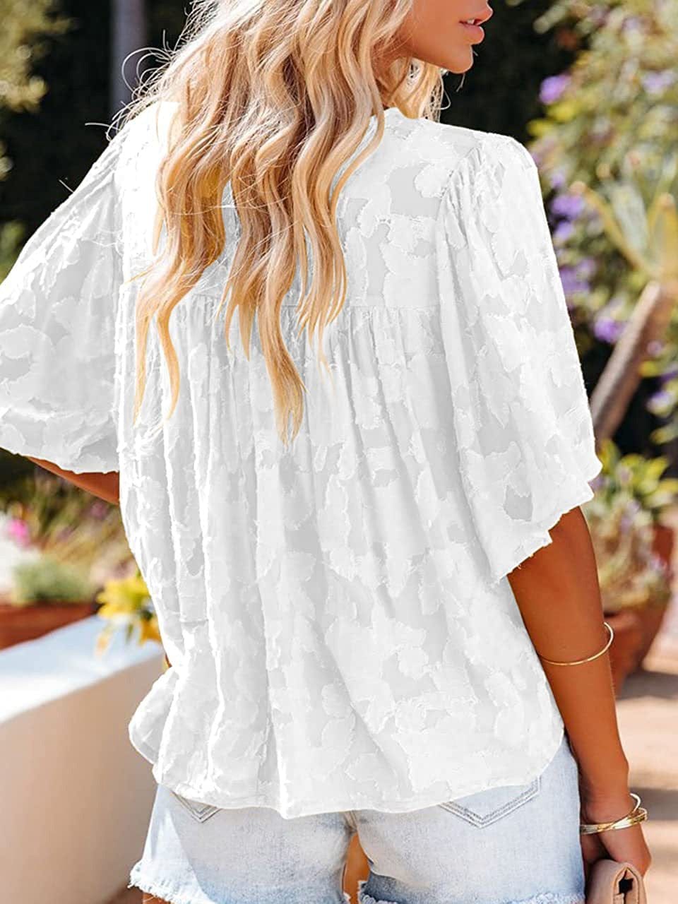Loose Hollow Floral Short Sleeve Blouse