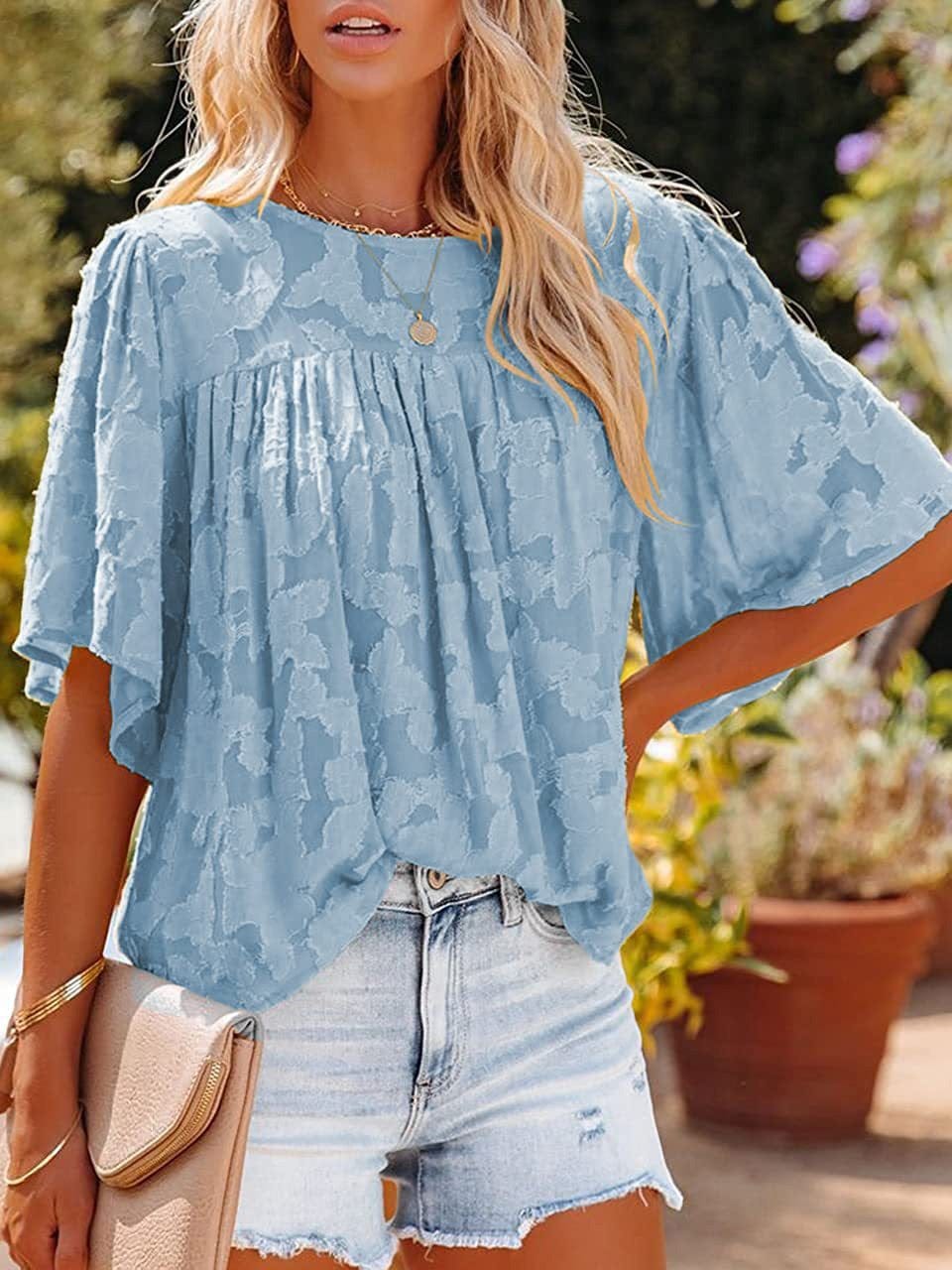 Loose Hollow Floral Short Sleeve Blouse BLO2201051526SBLUS SkyBlue / 2 (S)