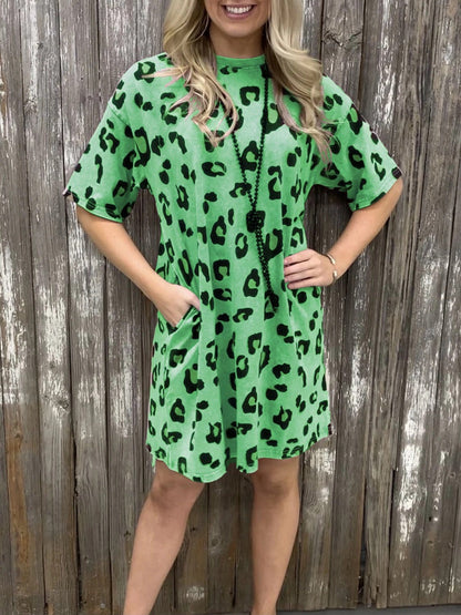 Loose Leopard Print Crew Neck Short Sleeve Dress DRE2202093467GRES Green / 2 (S)