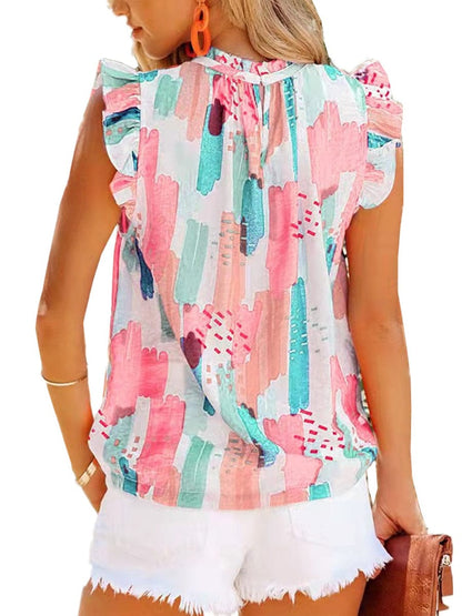 Loose Printed Chiffon Round Neck Sleeveless T-Shirt