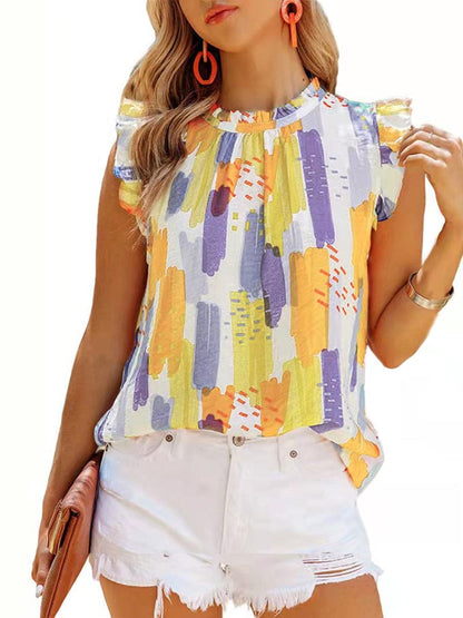 Loose Printed Chiffon Round Neck Sleeveless T-Shirt TSH2304210155YELS Yellow / 2 (S)