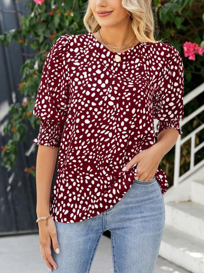 Loose Printed Short Sleeve Chiffon Round Neck T-Shirt TSH2304030124DRES DarkRed / 2 (S)