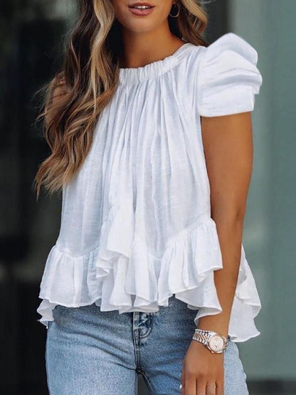 Loose Short Sleeve Round Neck Ruffles Blouses BLO2107161196WHIS White / 2 (S)