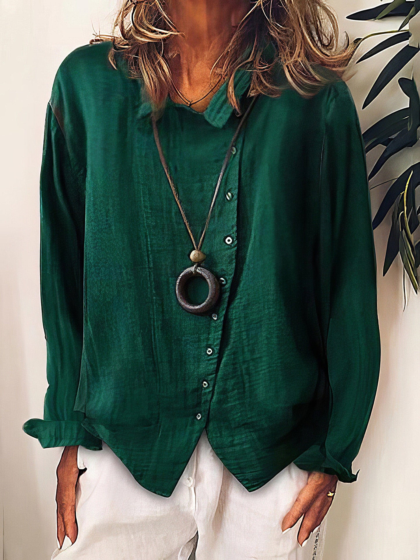 Loose Solid Buttons Long Sleeves Blouses BLO2107021145GRES Green / 2 (S)