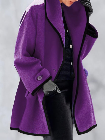 Loose Solid Hooded Woolen Coat COA2111111295PURS Purple / 2 (S)