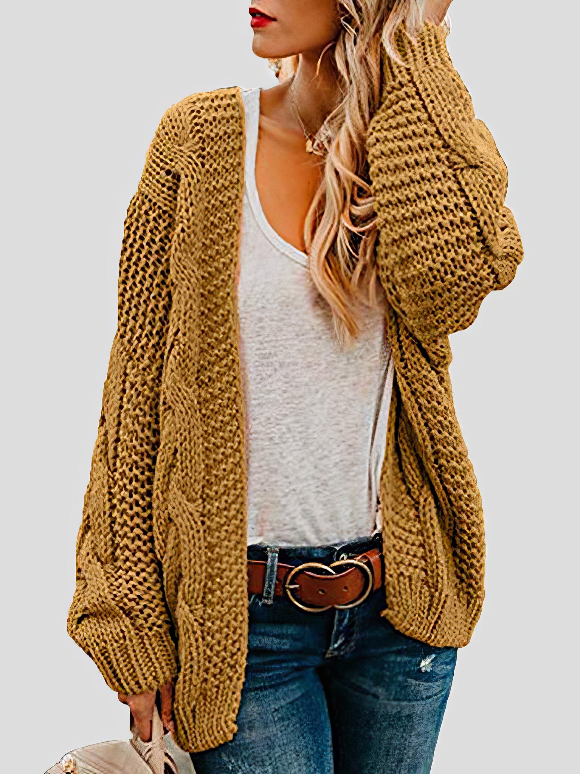 Loose Solid Twist Knit Casual Cardigan CAR2108271121YELS Yellow / 2 (S)