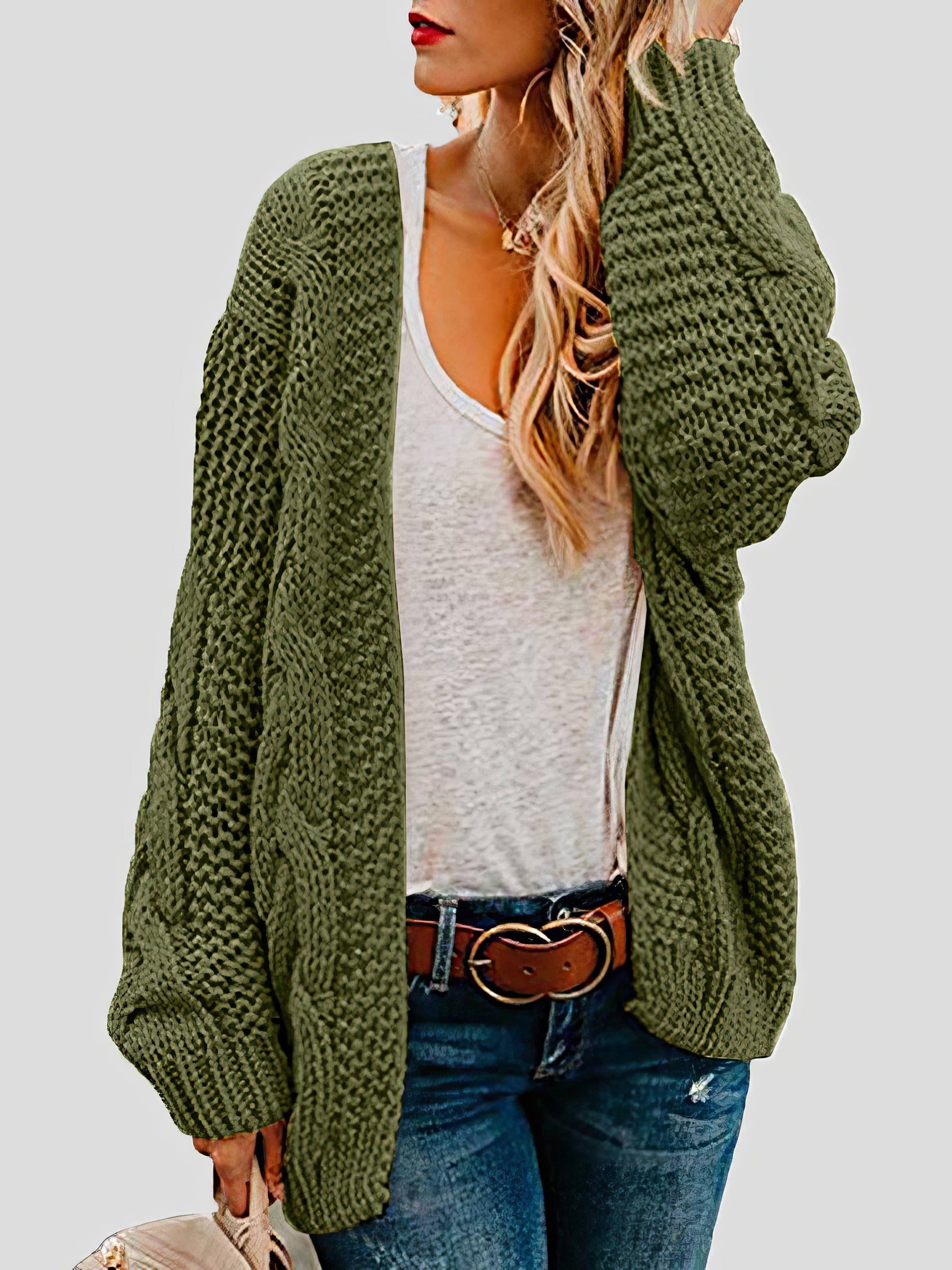 Loose Solid Twist Knit Casual Cardigan CAR2108271121GRES Green / 2 (S)