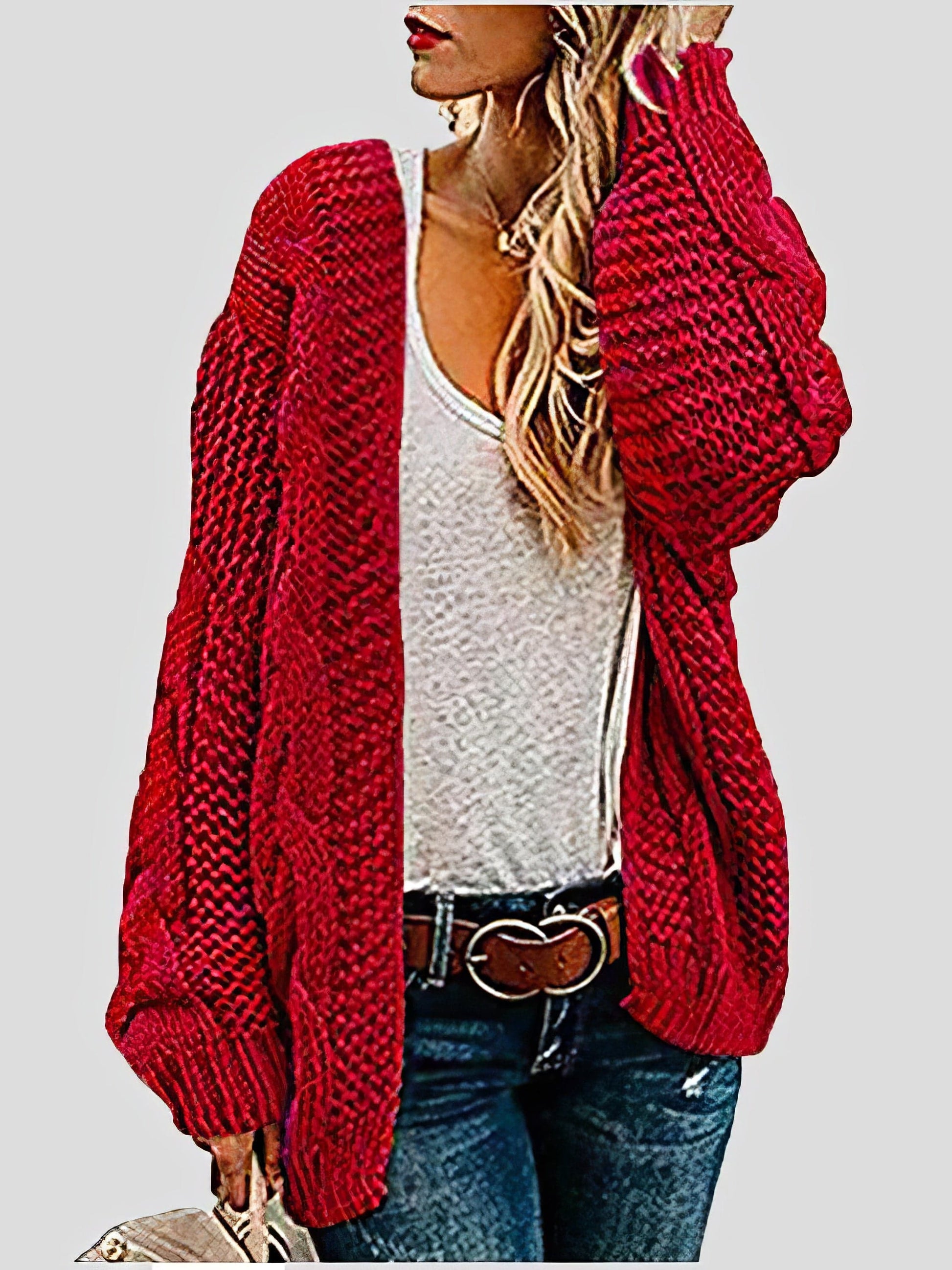 Loose Solid Twist Knit Casual Cardigan CAR2108271121REDS Red / 2 (S)