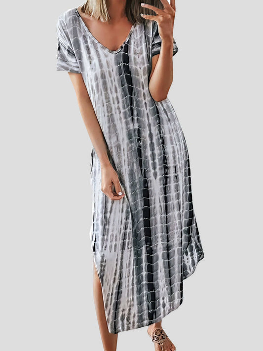 Loose Tie-Dye Printed V-Neck Split Dress DRE2107121865GRAS Gray / 2 (S)