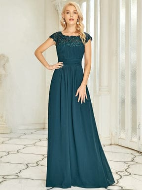 Maxi Lace Cap Sleeve Long Formal Evening Dress DRE230912A2659TEL4 DarkCyan / 4