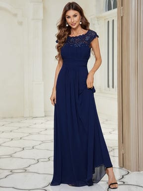 Maxi Lace Cap Sleeve Long Formal Evening Dress DRE230912A2635NBY4 Navy / 4