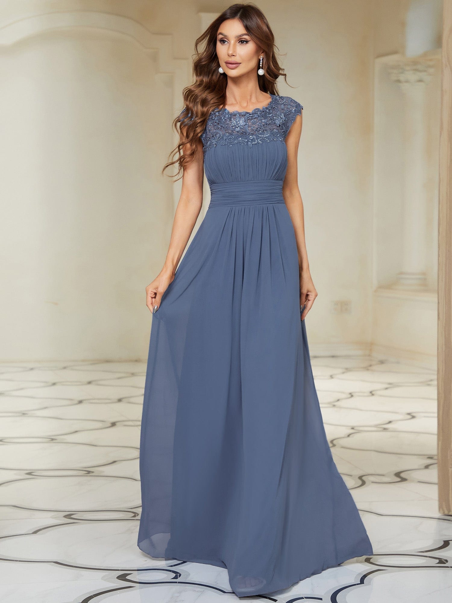 Maxi Lace Cap Sleeve Long Formal Evening Dress DRE230912A2613DNV4 Blue / 4