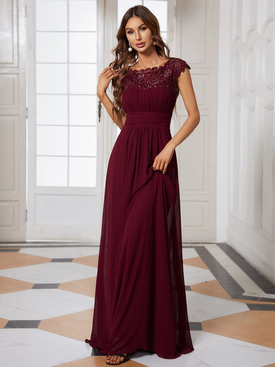 Maxi Lace Cap Sleeve Long Formal Evening Dress DRE230912A2601BDG4 DarkRed / 4
