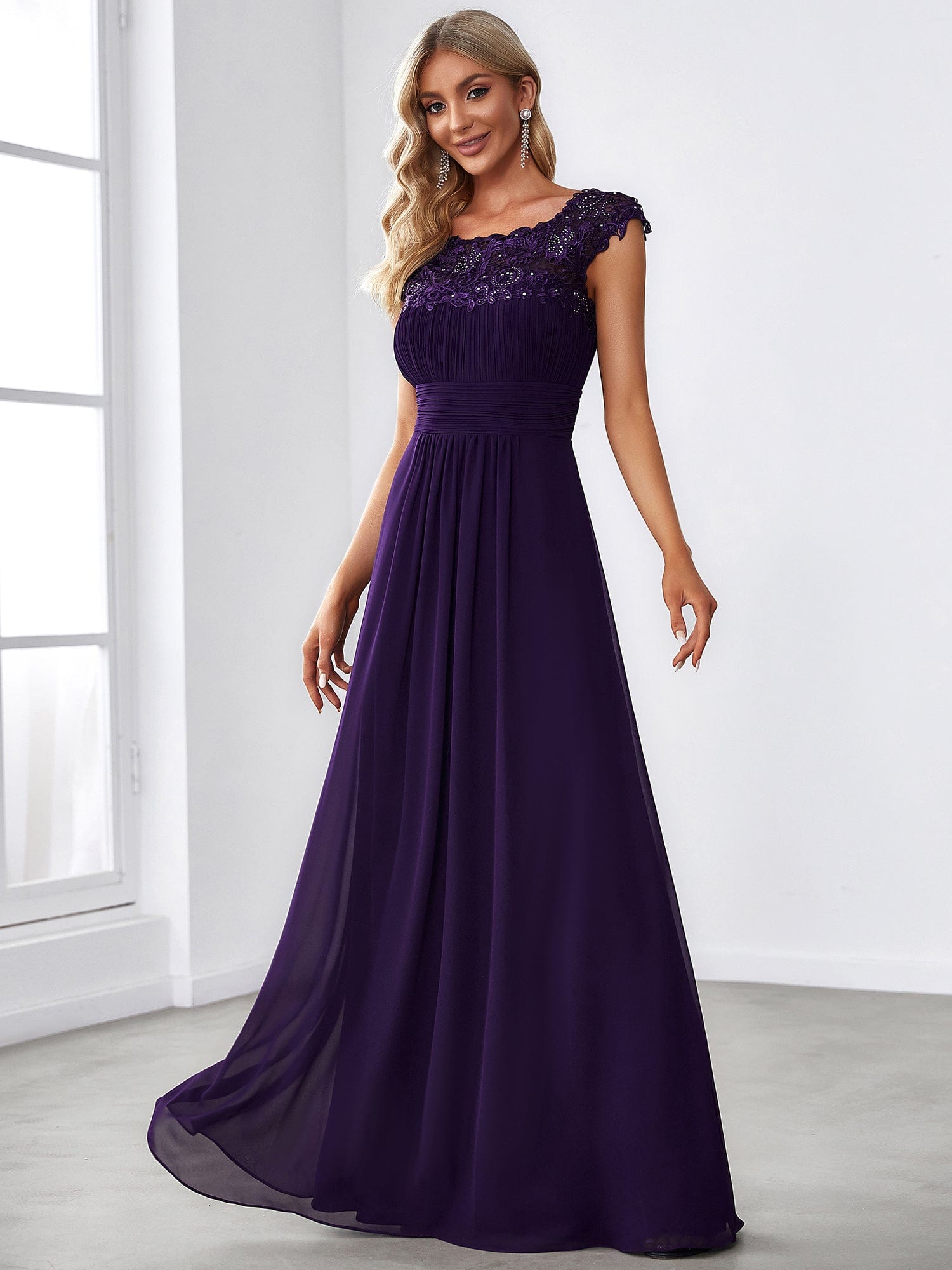 Maxi Lace Cap Sleeve Long Formal Evening Dress DRE230912A2623DPH4 Purple / 4