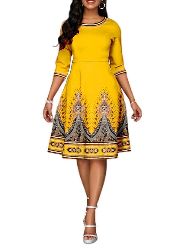 National Style Printed High Waist Mid Sleeve Midi Dress DRE2212215675YELS Yellow / 2 (S)